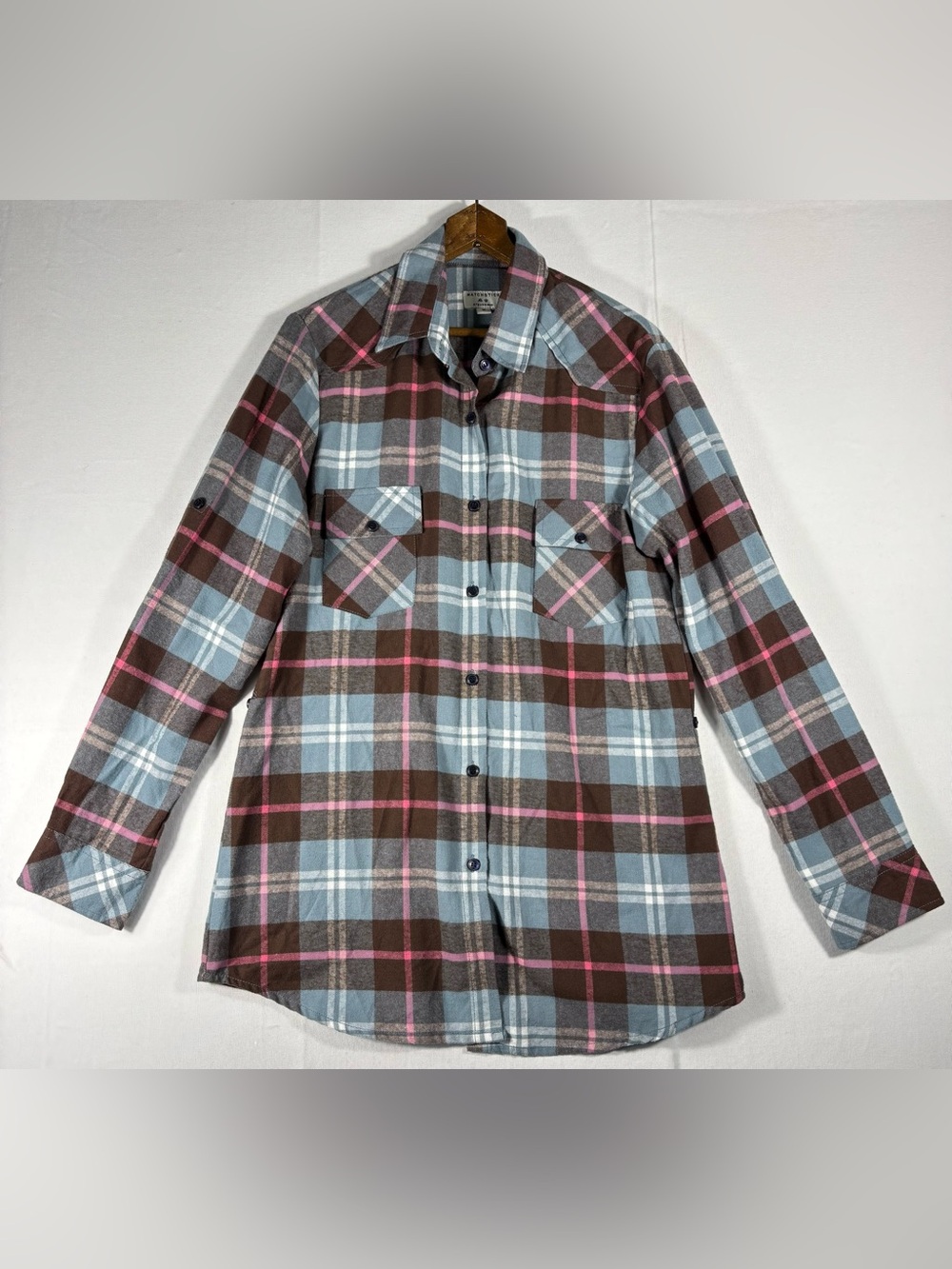 Matchstick Argus Women’s M Blue & Brown Plaid Flannel Shirt with Pink Accents